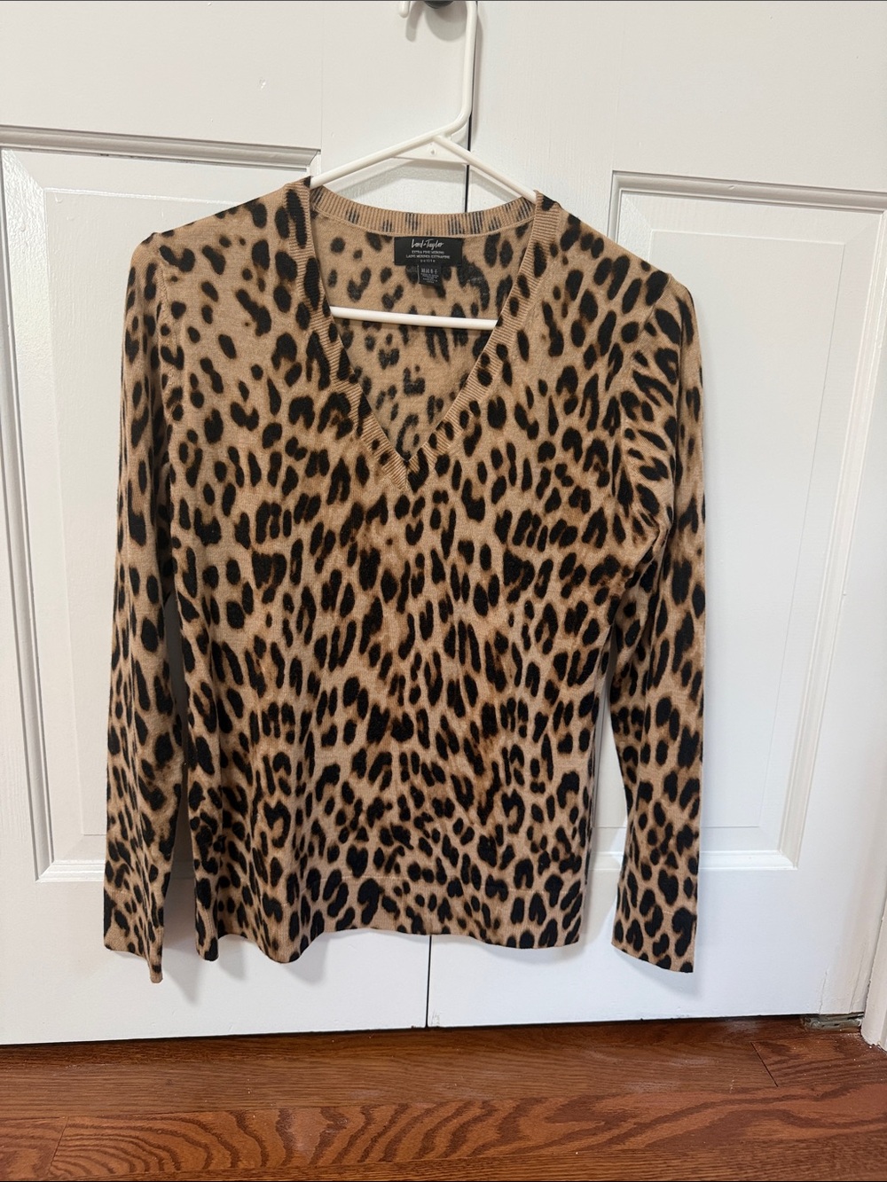 Lord & Taylor Leopard Print V-Neck Sweater in Tan and Black